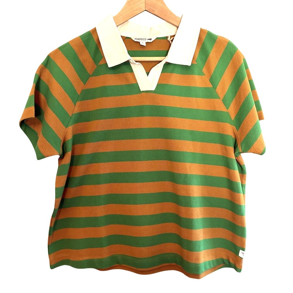 NWOT Toad & Co Yerba Rugby Polo Women S Striped Green‎ Tan Organic Cotton Preppy